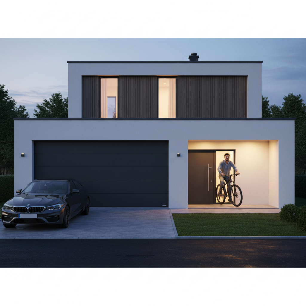 Fotorealistyczne zdjęcie nowoczesnego domu jednorodzinnego o zmierzchu, z zapalonymi światłami wewnątrz. Garaż ma elegancką, ciemnoszarą bramę segmentową, która jest zamknięta. Obok niej znajdują się idealnie dopasowane stylistycznie drzwi boczne, przez które właśnie wychodzi uśmiechnięty mężczyzna niosący rower górski. Na krótkim, schludnym podjeździe stoi zaparkowany nowoczesny samochód. Ciepłe, ambientowe oświetlenie podkreśla architekturę domu i funkcjonalność wejścia.