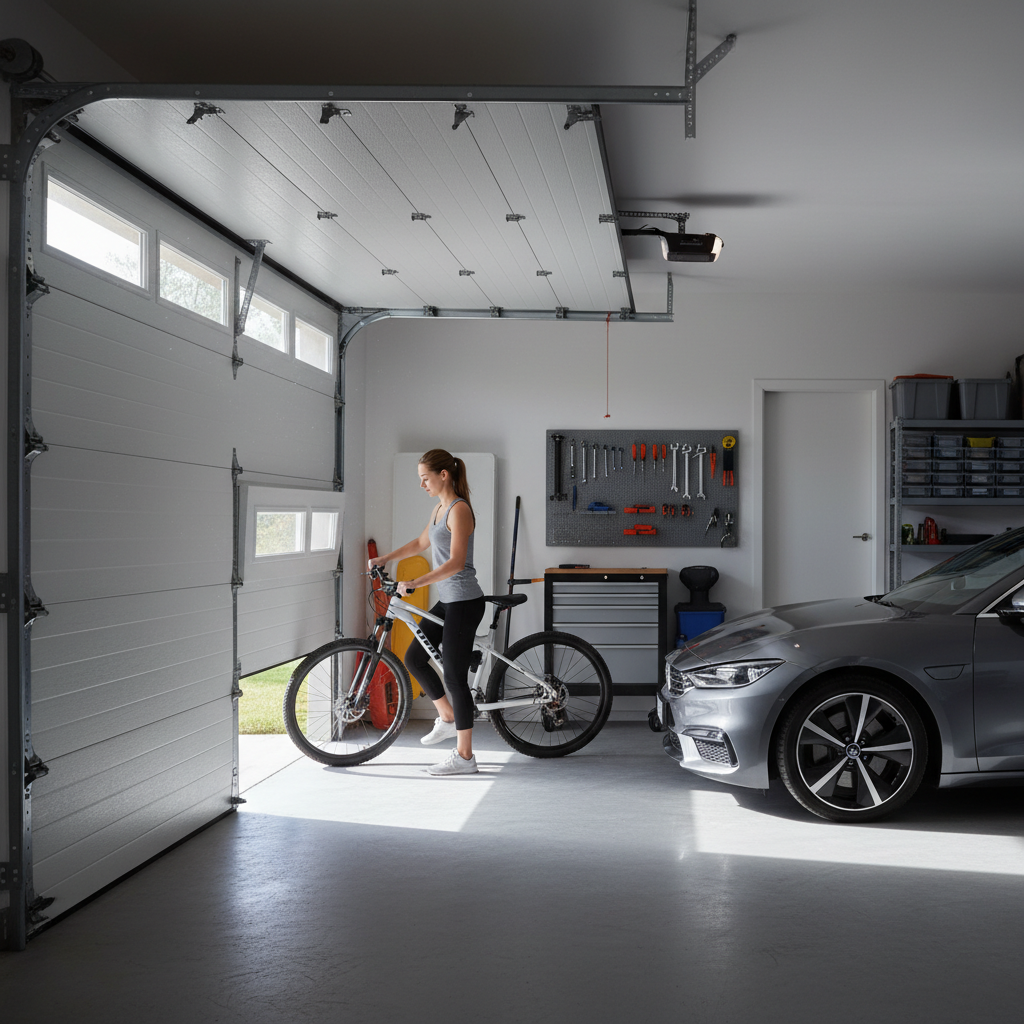 Wnętrze dobrze zorganizowanego, jasnego garażu. Boczna brama segmentowa jest częściowo otwarta, tworząc przejście o szerokości około jednego metra. Przez tę szczelinę przechodzi kobieta w stroju sportowym, prowadząc rower. Widać, że reszta bramy pozostaje na swoim miejscu wzdłuż ściany, a zaparkowany w garażu samochód jest nietknięty. Światło z zewnątrz wpada przez otwartą część, tworząc dynamiczną scenę.