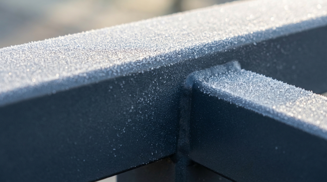 Zbliżenie na fragment nowoczesnej, stalowej bramy wjazdowej w kolorze grafitowym. Powierzchnia jest idealnie gładka dzięki malowaniu proszkowemu. Na metalu osiadły delikatne kryształki szronu, które pięknie kontrastują z ciemną barwą, podkreślając odporność materiału na mróz i wilgoć.