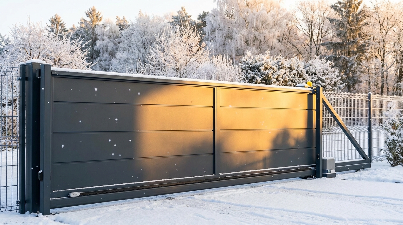 Elegancka, nowoczesna brama wjazdowa ze stali w kolorze antracytowym, osadzona w pięknym, zimowym ogrodzie. Delikatna warstwa śniegu pokrywa drzewa i krzewy w tle, a sama brama jest czysta i w pełni sprawna. Słońce wschodzi, rzucając ciepłe światło na mroźny krajobraz, co symbolizuje bezproblemowe działanie bramy nawet w trudnych warunkach.