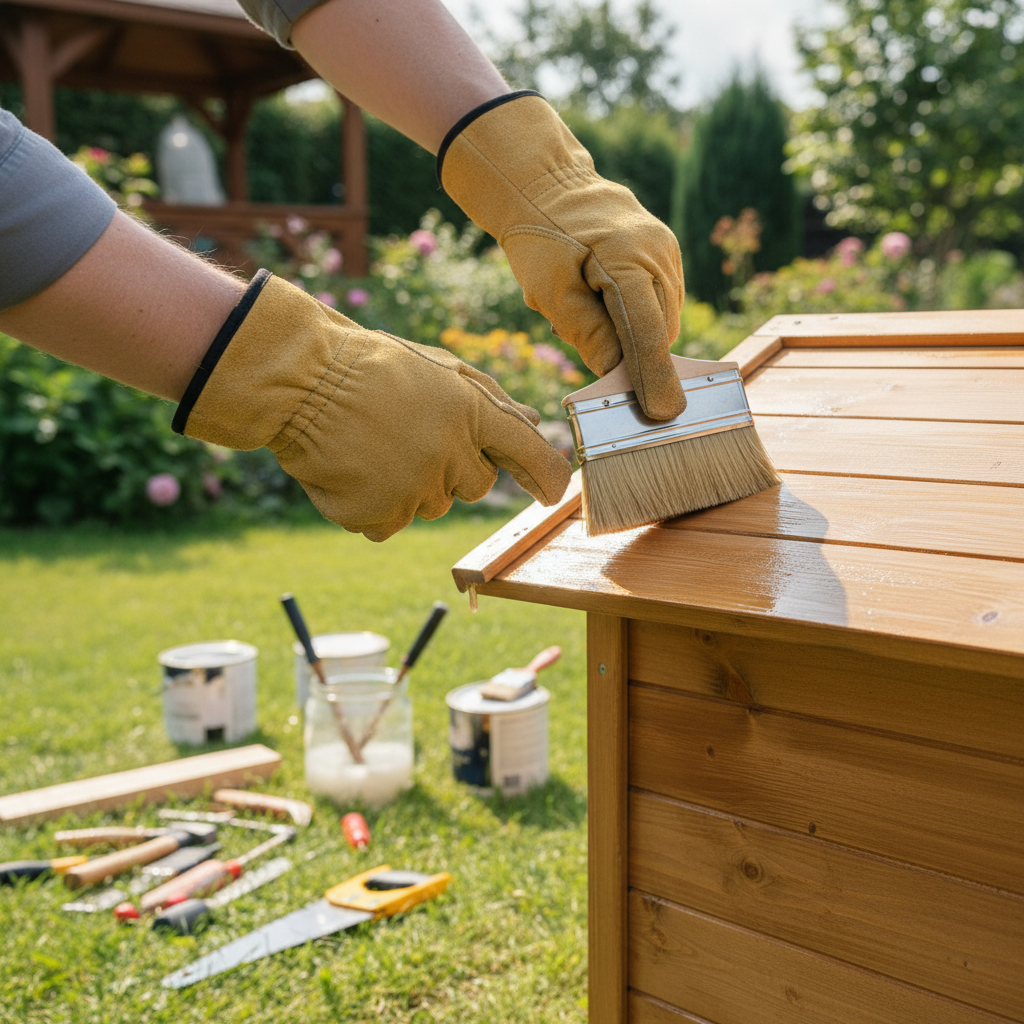 Zbliżenie na osobę w rękawicach roboczych, która pędzlem nakłada transparentną lazurę na drewnianą budę dla psa. W tle widać narzędzia i ogród, co tworzy atmosferę projektu DIY.