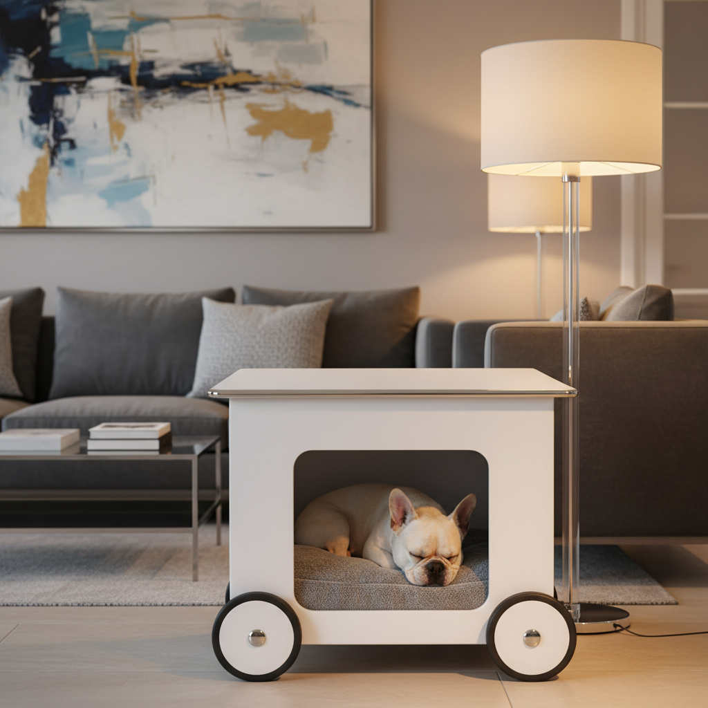 Elegancka, biała buda na kółkach wpasowana w wystrój nowoczesnego salonu. W środku, na miękkiej, szarej poduszce śpi uroczy buldog francuski. Światło z dużej lampy podłogowej delikatnie oświetla scenę, tworząc przytulną i spokojną atmosferę.