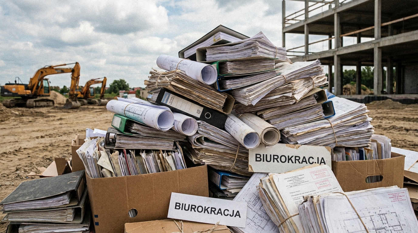 Stos dokumentów i planów budowlanych symbolizujący biurokrację przed rozpoczęciem budowy.