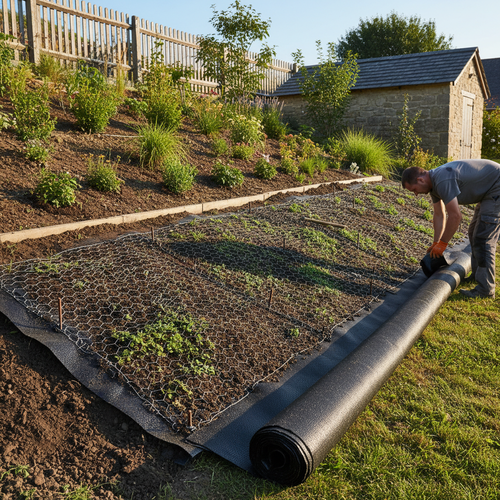 Proces wzmacniania skarpy ogrodowej z użyciem geowłókniny. Widoczne warstwy ziemi, siatki i roślinności.