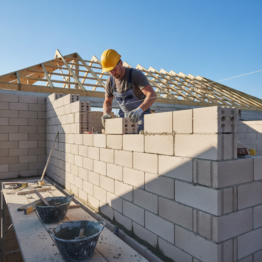 Zdjęcie przedstawiające murarza w trakcie wznoszenia ściany z nowoczesnych, dużych pustaków ceramicznych. Słoneczny dzień, w tle widać zarys konstrukcji dachu. Ujęcie symbolizuje solidność i precyzję budownictwa murowanego.