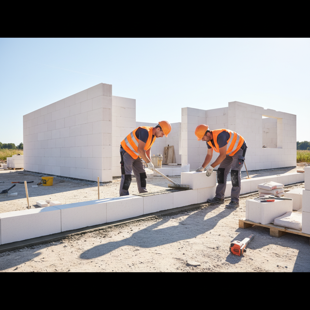 Czysty i zorganizowany plac budowy. Dwóch murarzy sprawnie układa białe bloki Silka na cienkiej warstwie zaprawy. W tle widać już wzniesione ściany parteru, tworzące idealnie równe i gładkie powierzchnie. Słoneczny dzień i dynamiczne ujęcie podkreślają szybkość i efektywność procesu budowy.