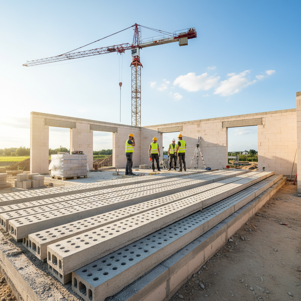 Jasne, słoneczne ujęcie domu jednorodzinnego w trakcie budowy. Na pierwszym planie widoczne są starannie ułożone, gotowe do betonowania płyty stropowe Cerit. W tle widać dźwig i ekipę budowlaną, co nadaje scenie dynamizmu i profesjonalizmu. Kadr emanuje optymizmem i solidnością.