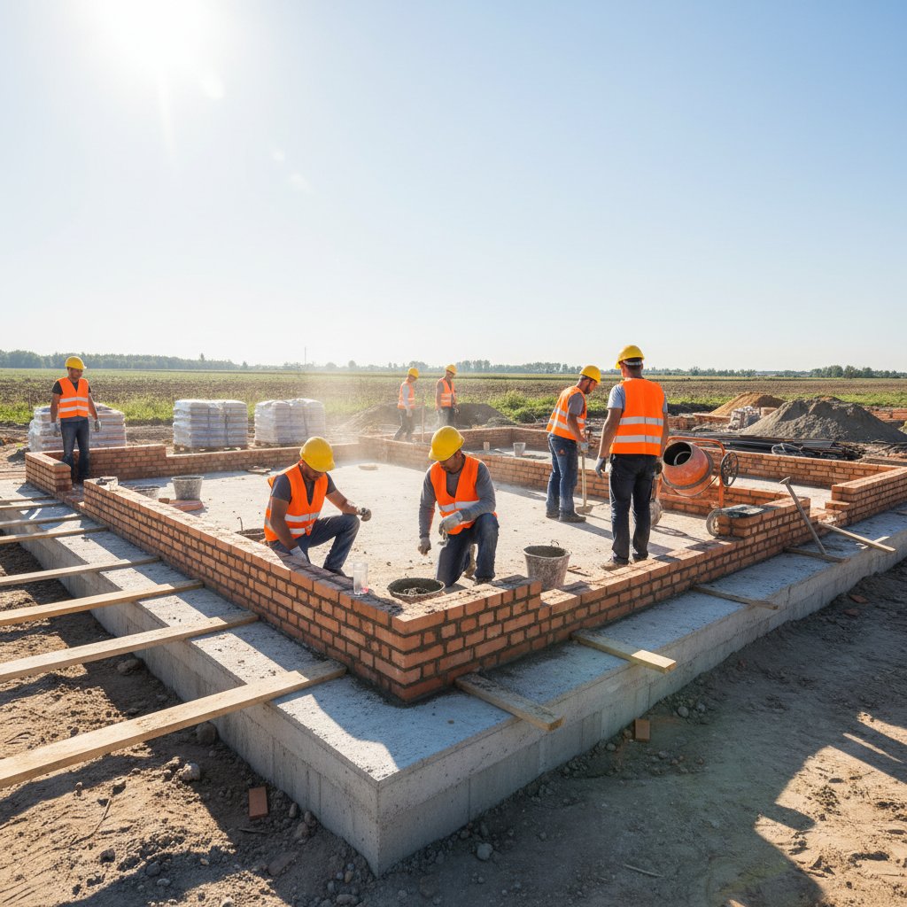 Szerokie ujęcie placu budowy w ciągu słonecznego dnia. Widać ekipę budowlaną pracującą przy wznoszeniu ścian parteru domu jednorodzinnego. Słońce jest wysoko, rzucając wyraźne, ale nie za długie cienie. W tle stoją palety z materiałami budowlanymi i mała betoniarka. Obraz ma jasny, optymistyczny charakter.