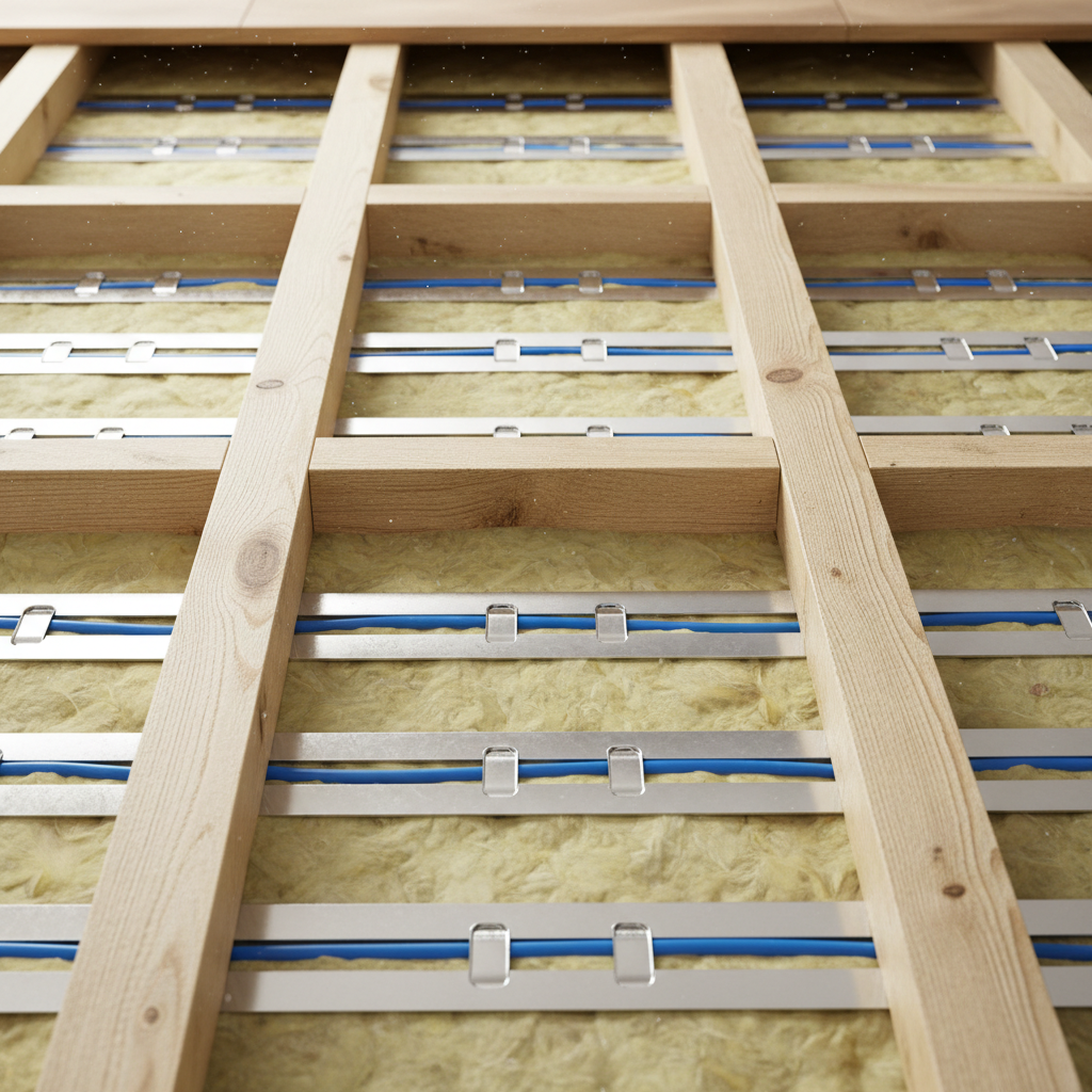 Zbliżenie na przekrój podłogi w suchej zabudowie, gdzie wyraźnie widać drewniane legary, pomiędzy nimi wełnę mineralną jako izolację, a na wierzchu rury grzewcze umieszczone w lśniących, aluminiowych dystrybutorach ciepła, gotowe do przykrycia deską podłogową.