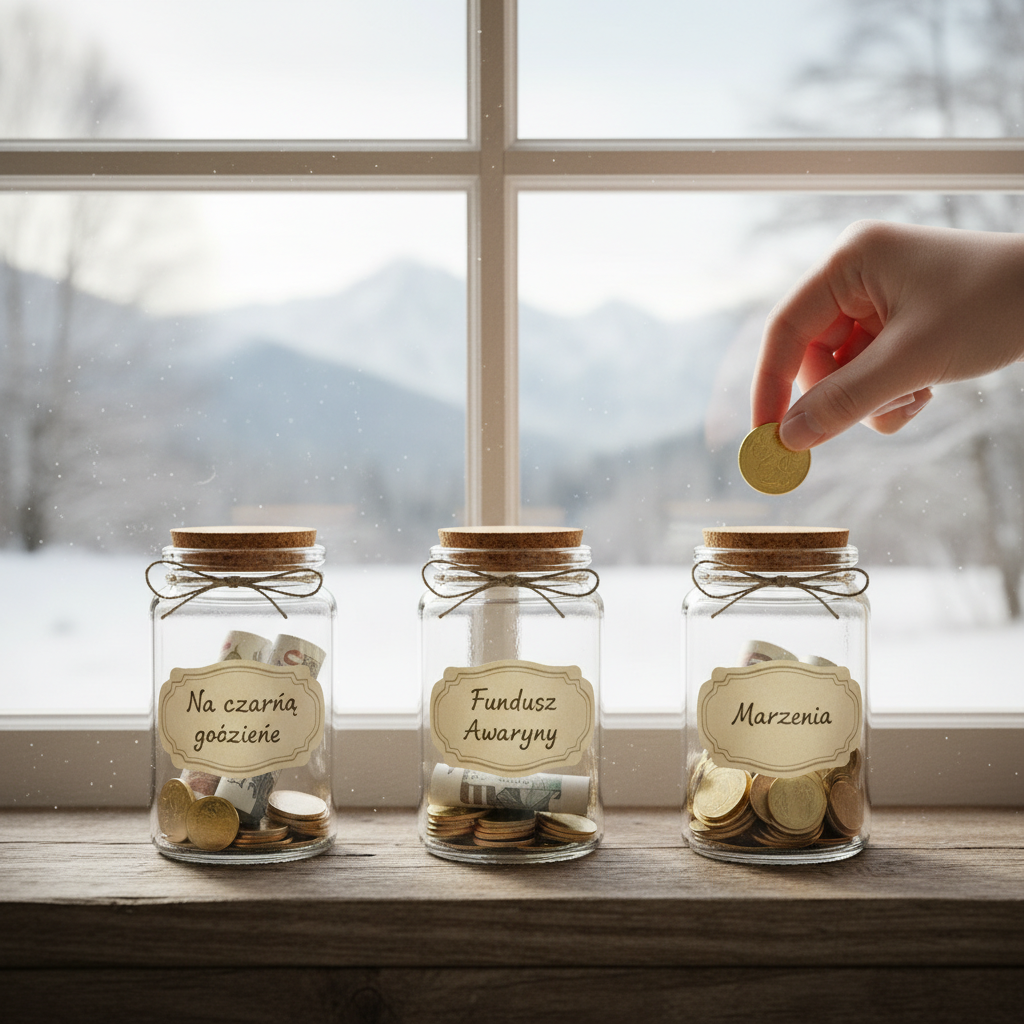 Estetyczne, szklane słoiki stojące na drewnianym parapecie, na tle okna z widokiem na zimowy krajobraz. Każdy słoik ma etykietę: 