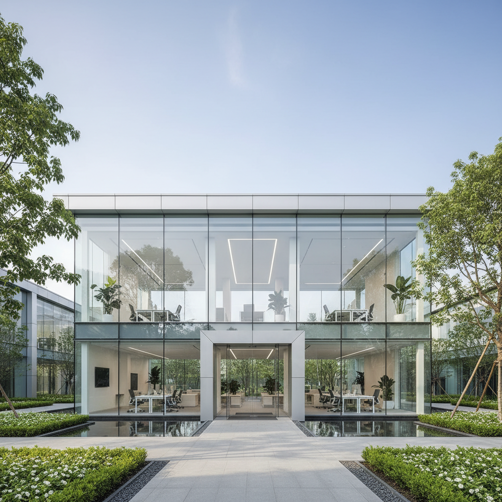 Nowoczesny, minimalistyczny budynek biurowy lub publiczny z dużą, szklaną fasadą. Wnętrze jest jasno oświetlone i widoczne z zewnątrz. Budynek otoczony jest zadbaną zielenią. Architektura jest czysta, geometryczna i sprawia wrażenie bezpiecznej i uporządkowanej.