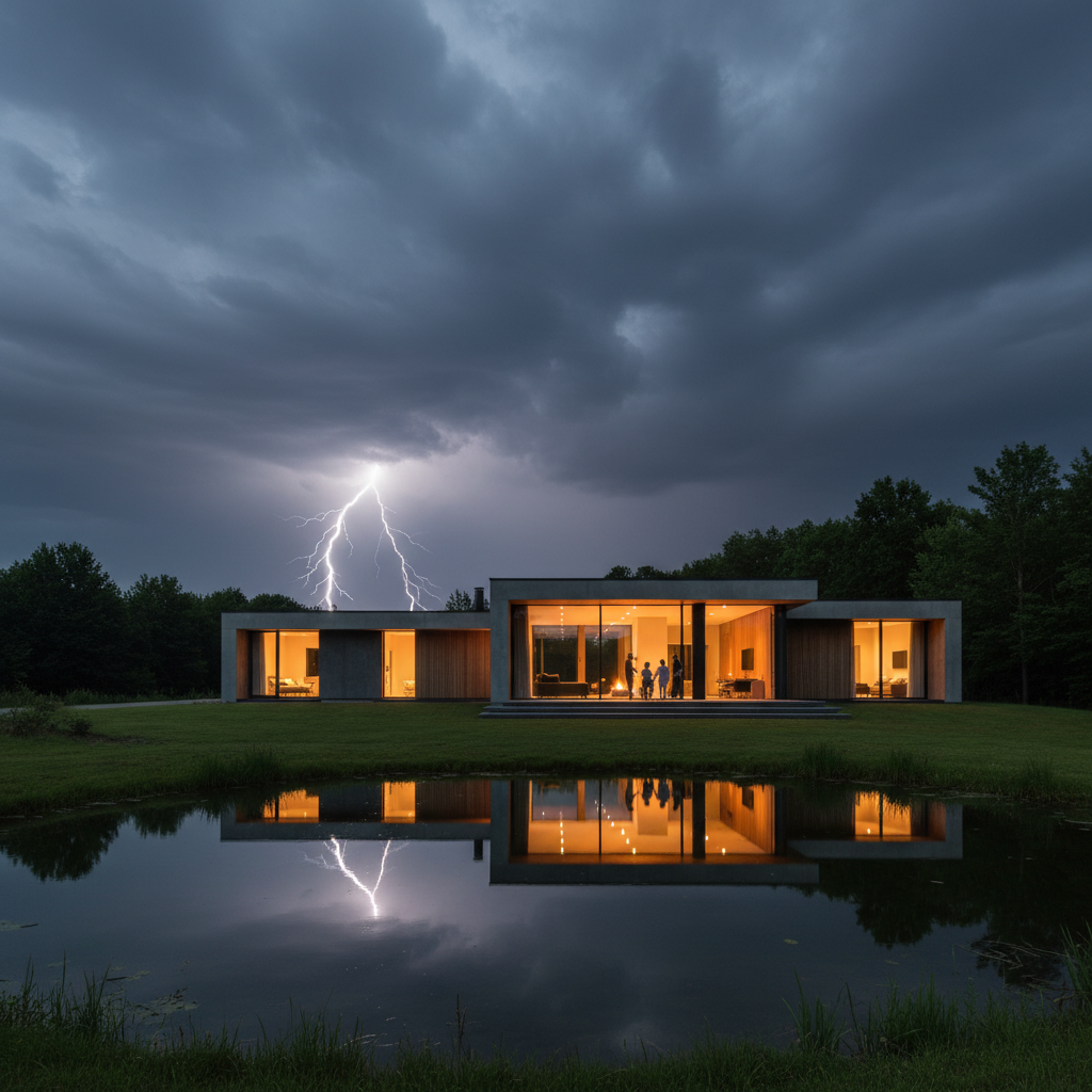 Dramatyczne, burzowe niebo z widocznymi błyskawicami w oddali, nad spokojnym, nowoczesnym domem jednorodzinnym. Dom jest oświetlony od wewnątrz ciepłym światłem, co tworzy kontrast między bezpiecznym schronieniem a potęgą natury na zewnątrz. Kompozycja podkreśla potrzebę ochrony.