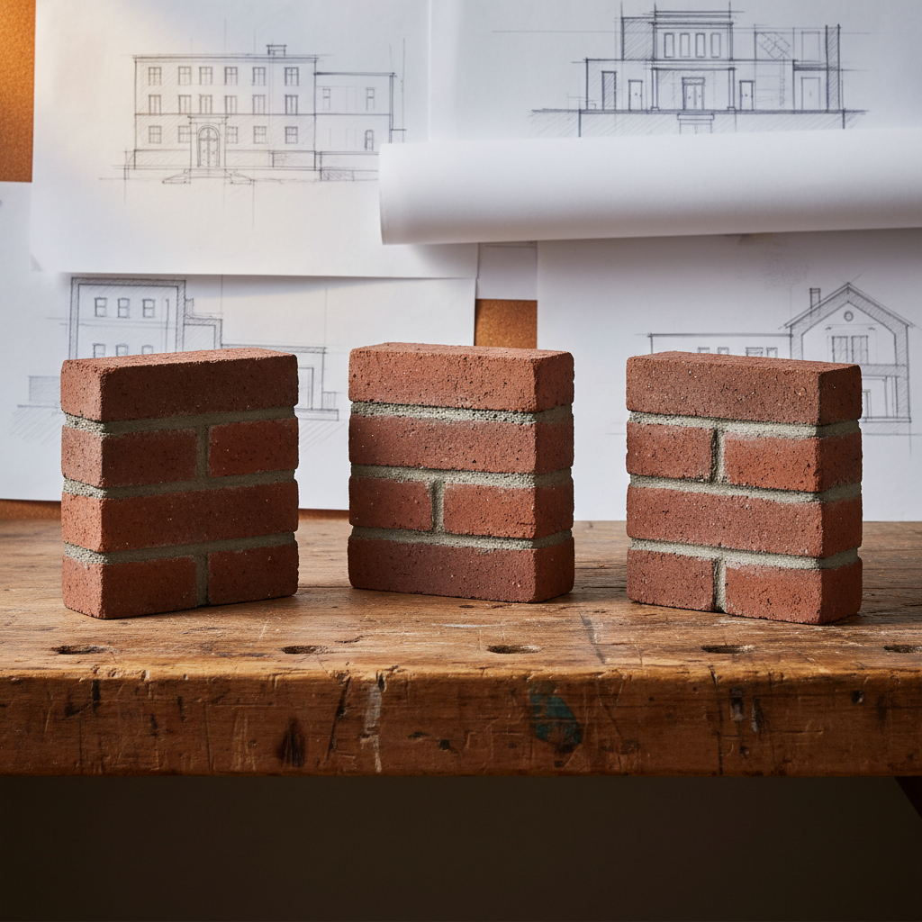 Stylowa kompozycja pokazująca kilka małych próbek muru z czerwonej cegły klinkierowej, każda z innym rodzajem wiązania (wozówkowe, krzyżowe, holenderskie). Próbki są ułożone na drewnianym stole warsztatowym, w tle widać szkice architektoniczne. Ciepłe, studyjne oświetlenie podkreśla teksturę cegły i fugi.