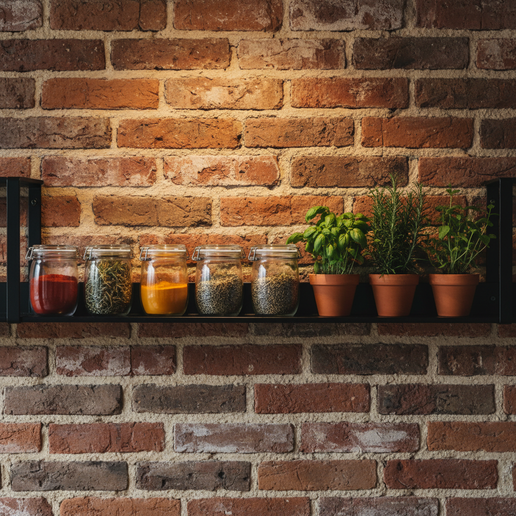 Zbliżenie na fragment ściany z czerwonej, postarzanej cegły w kuchni loftowej. Na ścianie wisi prosta, czarna metalowa półka, na której stoją słoiki z przyprawami i kilka zielonych ziół w doniczkach. Światło subtelnie podkreśla chropowatą fakturę cegły.