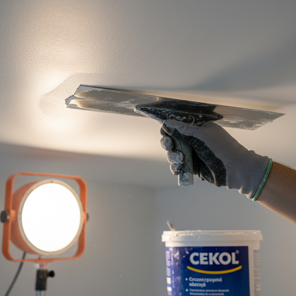 Zbliżenie na dłoń fachowca w rękawicy roboczej, trzymającą czystą, stalową pacę, którą idealnie gładko rozprowadza białą masę szpachlową CEKOL na suficie. Światło z boku, padające z lampy roboczej, podkreśla idealnie gładką fakturę świeżo nałożonej masy.