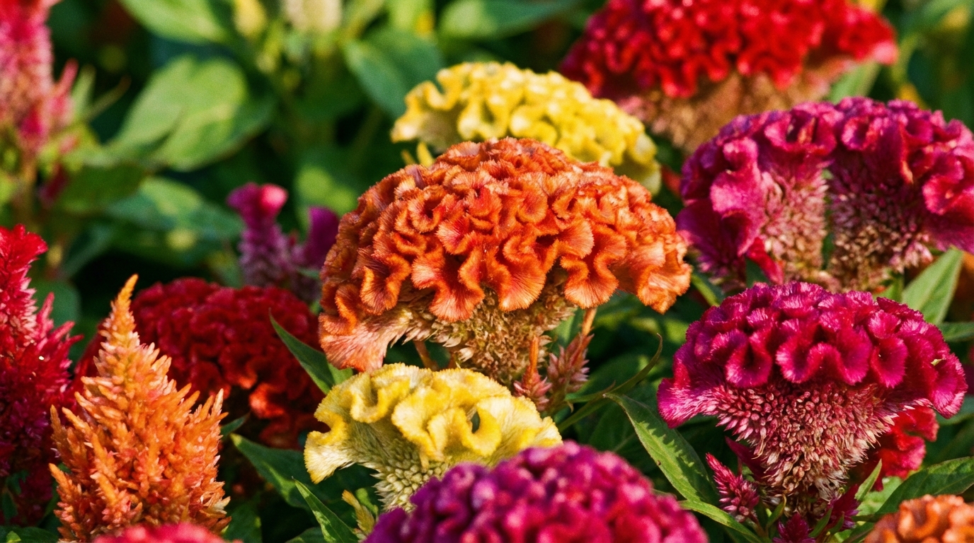 Makrofotografia przedstawiająca zbliżenie na jaskrawe, wielokolorowe kwiatostany celozji w pełnym rozkwicie. W tle widać rozmyte, zielone liście, co podkreśla intensywność barw kwiatów. Ciepłe, popołudniowe światło dodaje głębi i tekstury.