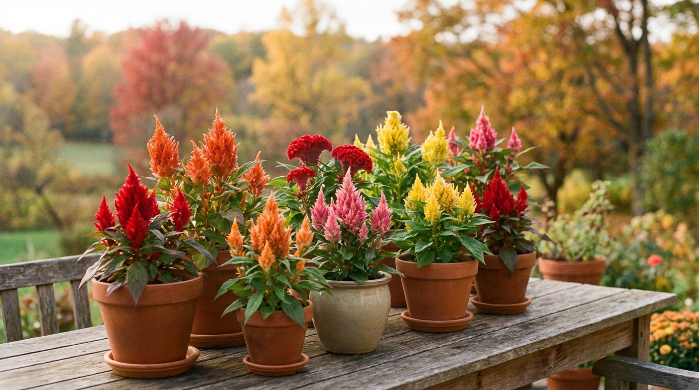 Kompozycja kilku doniczek z różnymi odmianami i kolorami celozji, ustawionych na drewnianym stole na tarasie. W tle widać jesienny krajobraz z delikatnie rozmytymi drzewami w ciepłych barwach, co tworzy przytulną atmosferę.