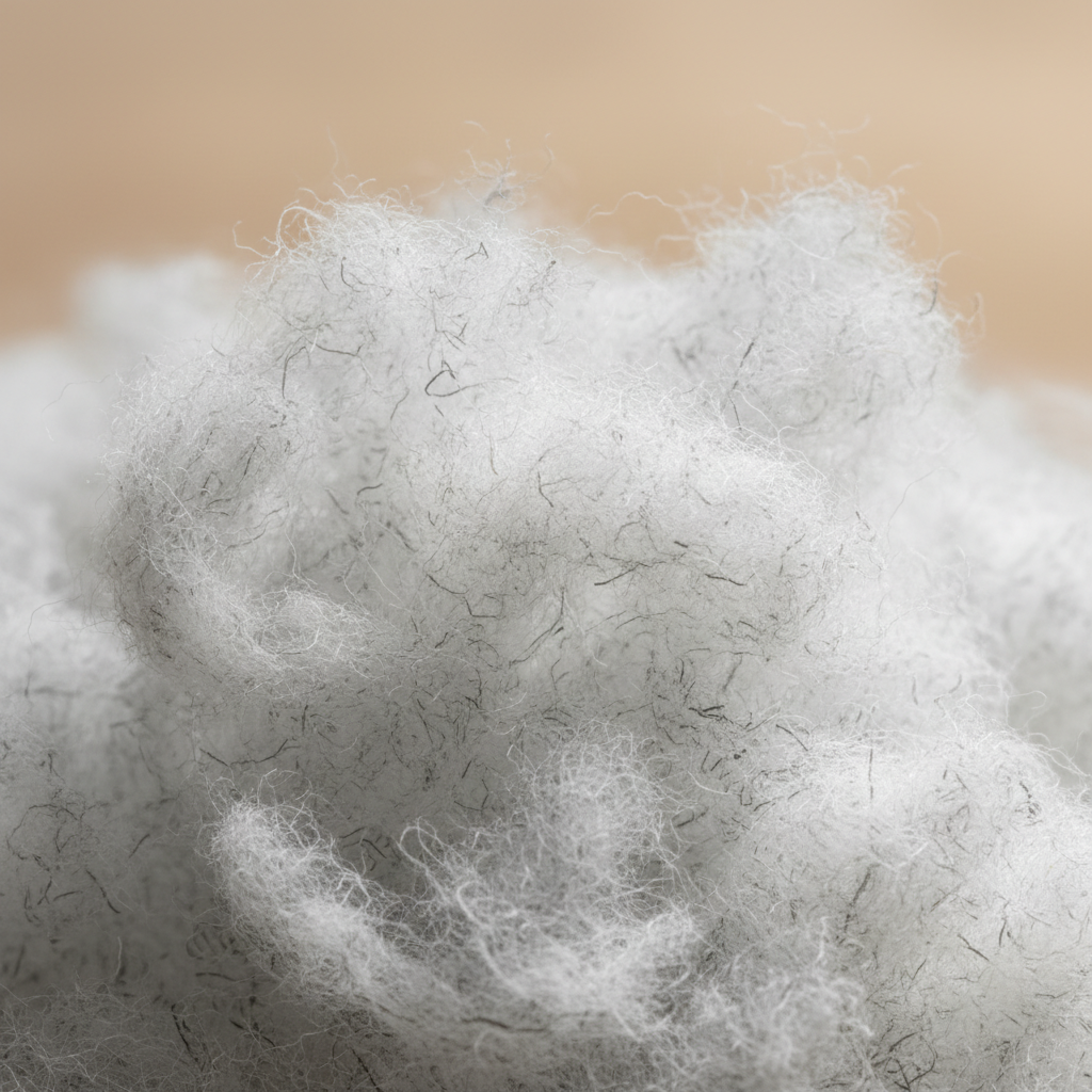 Makrofotografia luźnych, szarych włókien celulozowych STEICOfloc, które przypominają miękki, puszysty puch. Delikatne oświetlenie studyjne podkreśla ich lekką i sprężystą strukturę, tworząc wrażenie ciepła i naturalności.