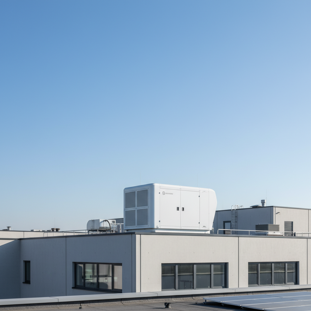 Estetyczna, nowoczesna centrala wentylacyjna w białej obudowie, zamontowana na dachu płaskiego budynku przemysłowego o minimalistycznej architekturze. W tle czyste, błękitne niebo. Całość komponuje się schludnie z otoczeniem, podkreślając nowoczesność technologii.