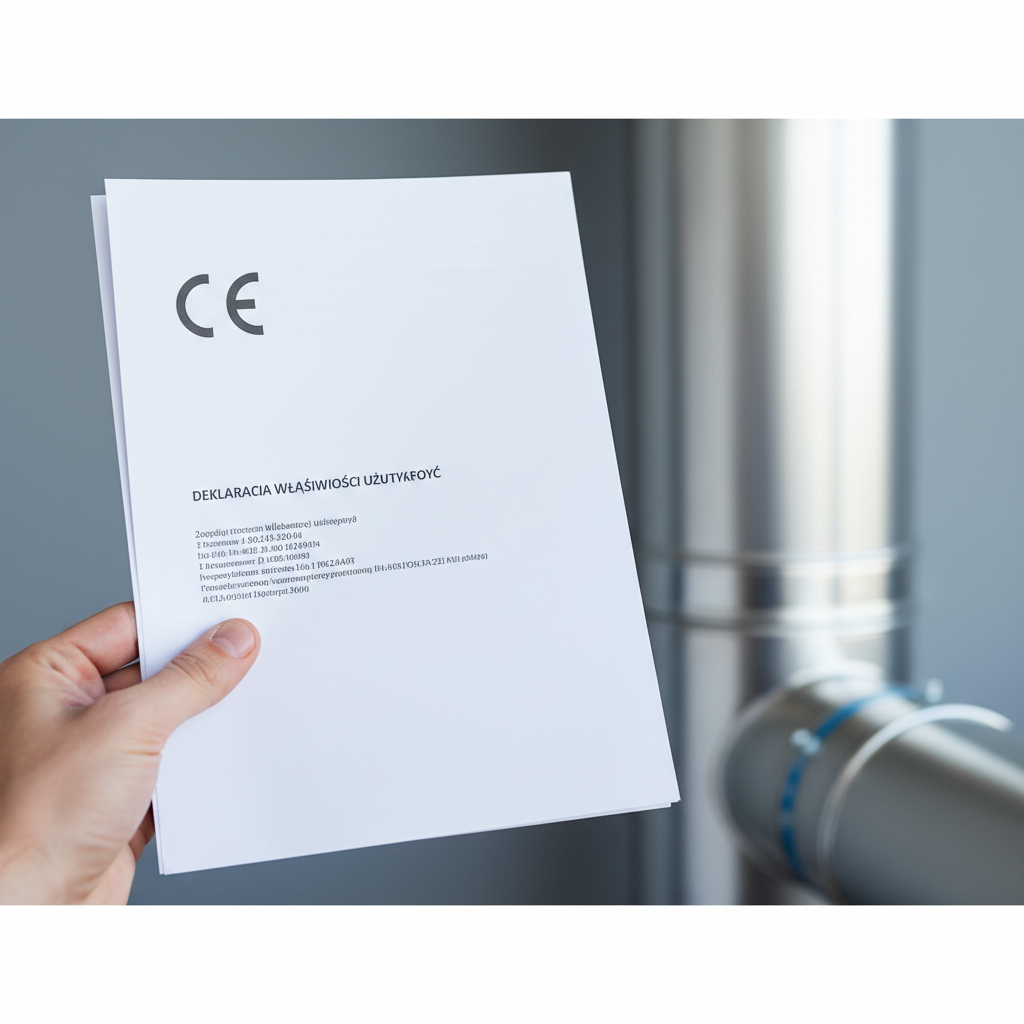 Zbliżenie na dłoń trzymającą dokument z widocznym znakiem CE i fragmentem Deklaracji Właściwości Użytkowych. W tle, w delikatnym rozmyciu, widać fragment nowoczesnego komina systemowego. Obraz ma symbolizować rzetelność i bezpieczeństwo potwierdzone dokumentami.
