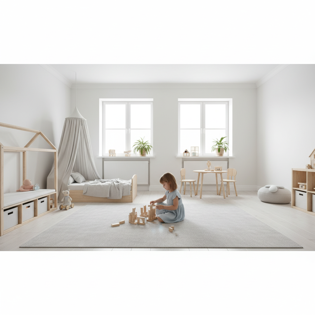 Jasny, przestronny pokój dziecięcy. Mała dziewczynka w wieku około 5 lat siedzi na podłodze pokrytej jasnoszarą, miękką wykładziną dywanową i bawi się drewnianymi klockami. Wnętrze jest minimalistyczne, pełne naturalnego światła. Atmosfera jest spokojna i cicha, ujęcie podkreśla komfort i bezpieczeństwo przestrzeni.