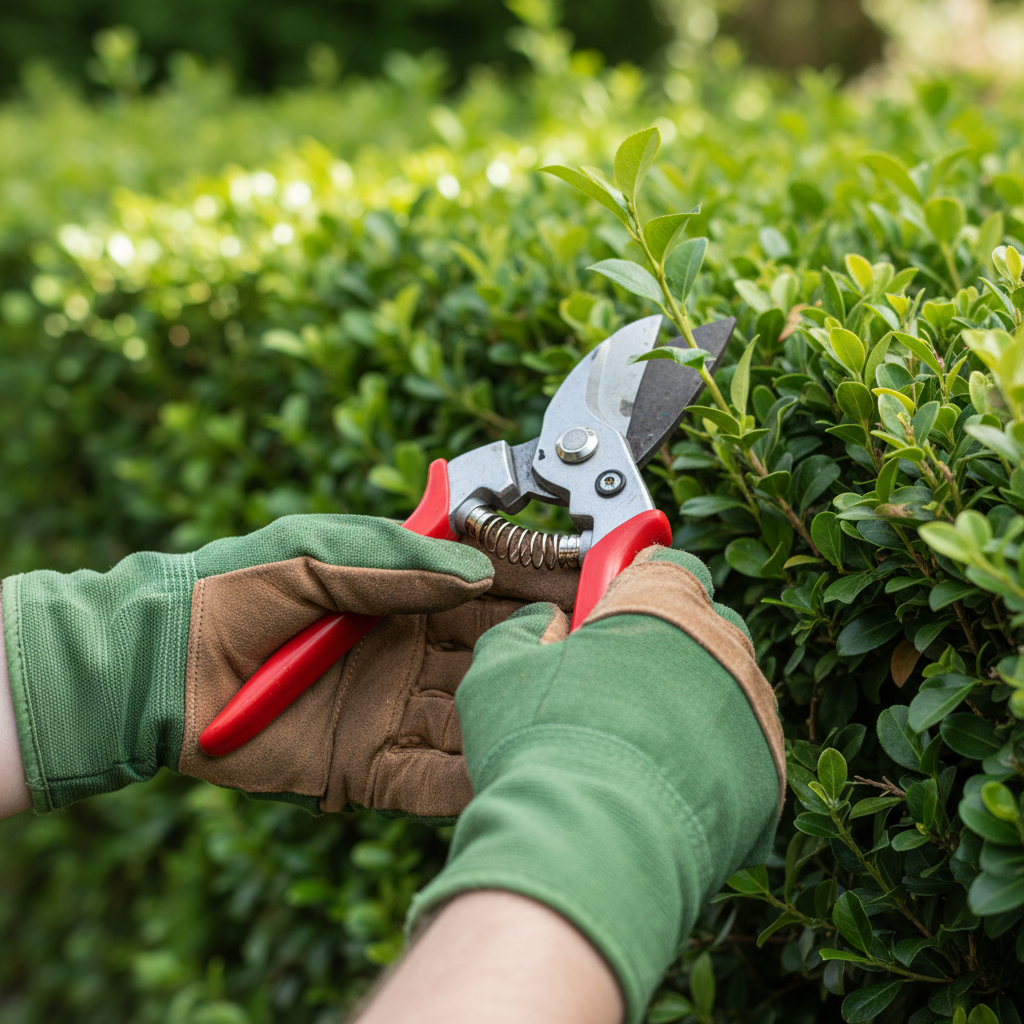 Zbliżenie na dłonie w rękawicach ogrodniczych, trzymające ostry sekator i precyzyjnie przycinające pojedynczą gałązkę żywopłotu. W tle rozmyty, zielony żywopłot.