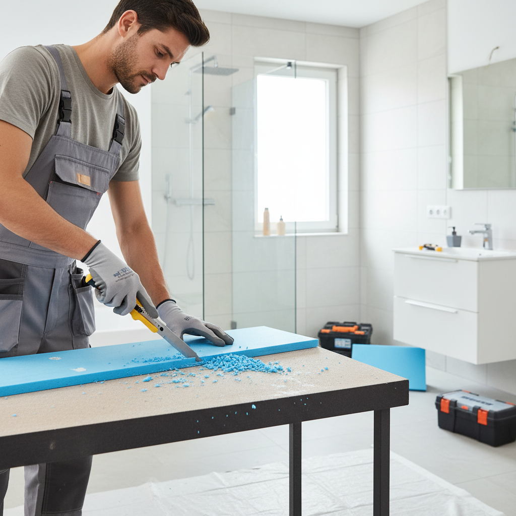 Zdjęcie rzemieślnika w czystym ubraniu roboczym, który z łatwością przycina nożykiem do tapet niebieską płytę budowlaną XPS na tle remontowanej łazienki. Scena jest jasna, bez kurzu i pyłu, podkreślająca czystość pracy.
