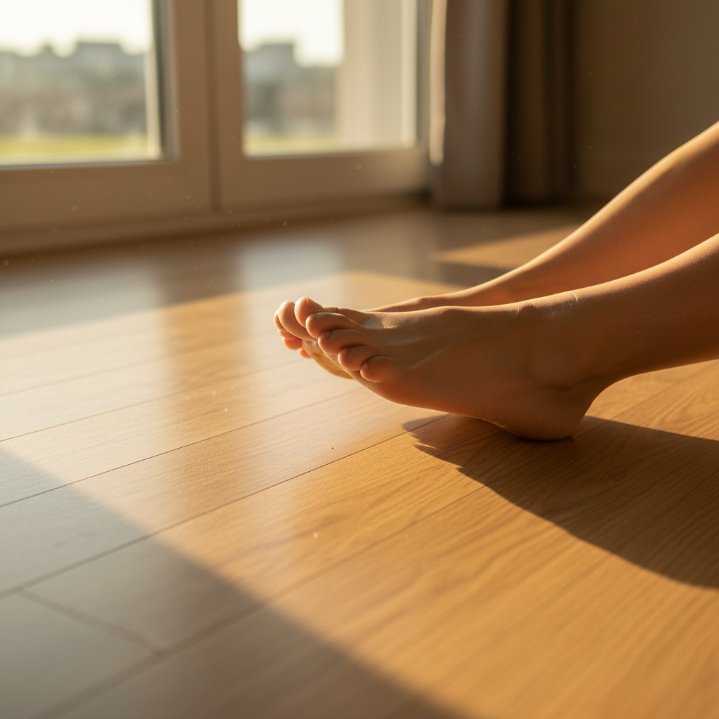 Zbliżenie na bose stopy osoby stojącej na podłodze z paneli laminowanych w kolorze naturalnego dębu. Przez okno wpada ciepłe, poranne słońce, tworząc na podłodze długie cienie i podkreślając jej fakturę. Scena wywołuje uczucie ciepła, komfortu i przyjemności z porannego wstawania.