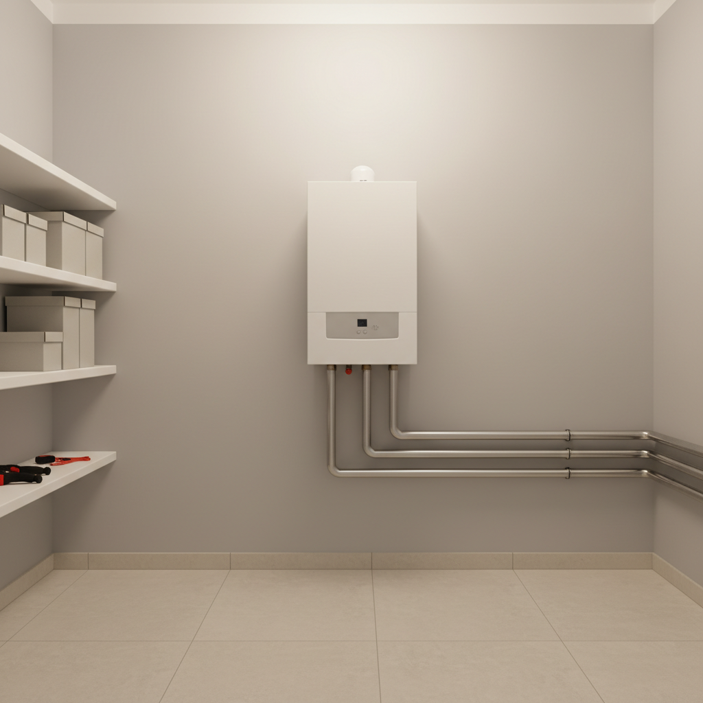 Nowoczesna, czysta i dobrze zorganizowana kotłownia w domu jednorodzinnym. Na ścianie wisi elegancki, biały kocioł gazowy. W tle widać minimalistyczne półki i estetycznie poprowadzone rury. Całość oświetlona jest ciepłym, łagodnym światłem, co tworzy wrażenie porządku i niezawodności.