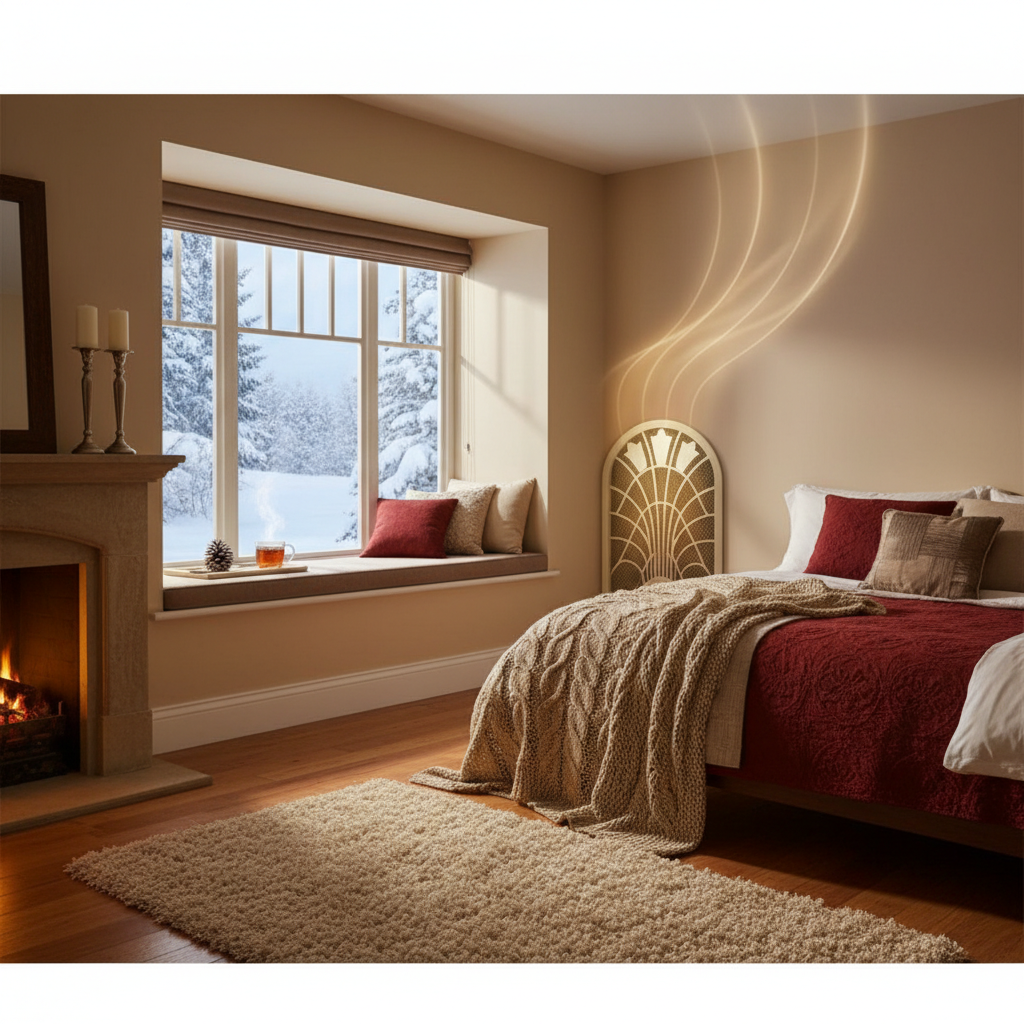 Przytulna, ciepło oświetlona sypialnia z widokiem przez okno na ośnieżony krajobraz za zewnątrz. Na parapecie stoi kubek z parującą herbatą. W rogu pokoju widać estetyczną kratkę nawiewną, z której unosi się symboliczna, delikatna fala ciepła, sugerująca komfort termiczny wewnątrz.