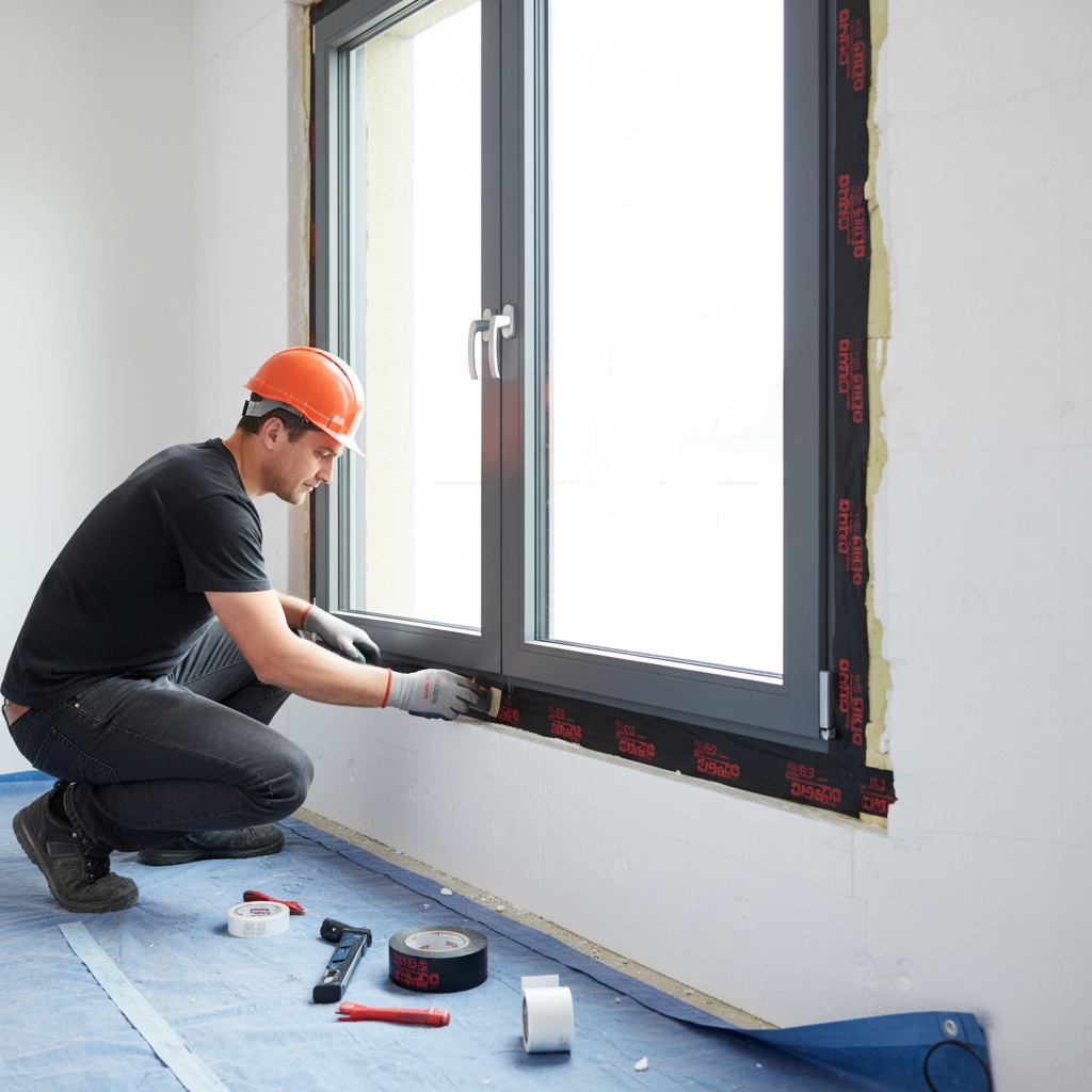 Detail shot of a window installation in progress. A construction worker is carefully applying sealing tape around a modern, triple-glazed window frame that is positioned within the building's insulation layer, not directly in the masonry. The scene is clean, precise, and professional.