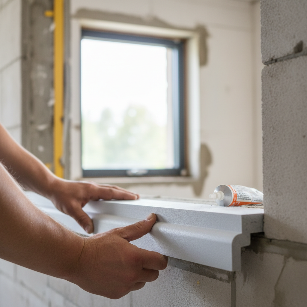 Zbliżenie na dłonie montera, który precyzyjnie osadza szary, profilowany ciepły parapet z XPS na krawędzi muru. W tle widać przygotowany otwór okienny. Światło jest naturalne, a cała scena ma charakter dokumentacyjny, podkreślający profesjonalizm i dbałość o detale podczas budowy domu.