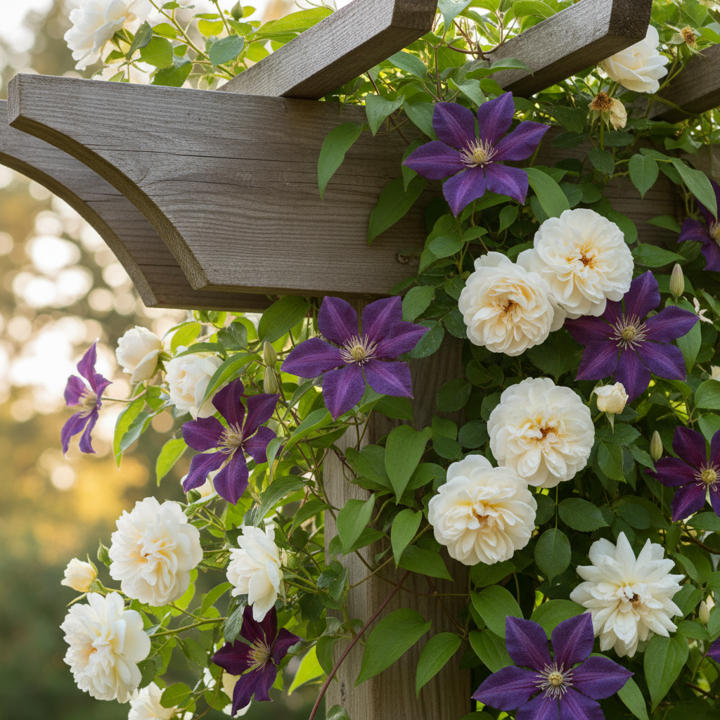 Zbliżenie na fragment drewnianej pergoli, po której pną się razem dwie rośliny. Intensywnie fioletowe, aksamitne kwiaty powojnika 'Jackmanii' przeplatają się z pełnymi, kremowo-białymi kwiatami róży pnącej. Kontrast kolorów i kształtów kwiatów jest bardzo malowniczy i romantyczny.