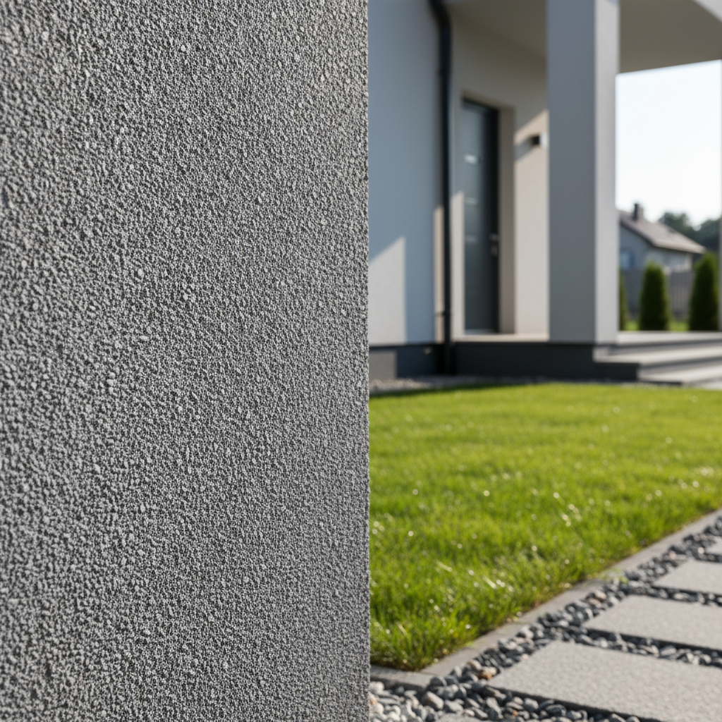 Zbliżenie na cokół nowoczesnego domu wykończony eleganckim tynkiem mozaikowym w odcieniach szarości i grafitu. Struktura kruszywa jest dobrze widoczna, a powierzchnia lekko lśni w słońcu. W tle widać zadbany trawnik i fragment kamiennej ścieżki.
