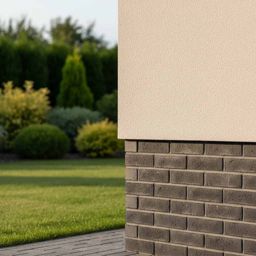 Eleganckie zbliżenie na cokół domu wykończony cegłą klinkierową w odcieniu antracytu. Cokół jest starannie wykonany, z idealnie równymi fugami, i styka się z jasną, otynkowaną ścianą elewacji. W tle widać fragment zadbanego trawnika i roślinności.