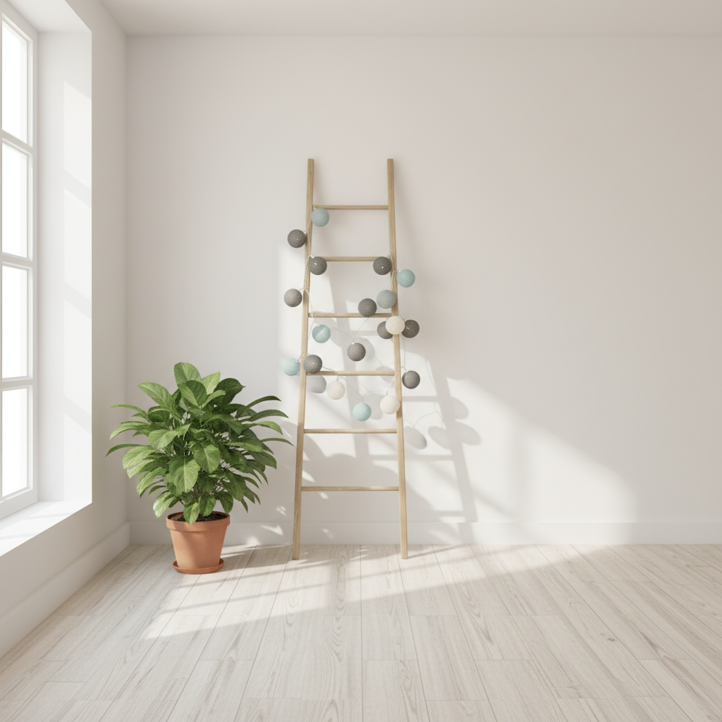 Jasne, minimalistyczne wnętrze w stylu skandynawskim. Białe ściany, podłoga z jasnego drewna. Prosta, drewniana drabina dekoracyjna oparta o ścianę, na której swobodnie zwisają świecące Cotton balls w odcieniach szarości, bieli i bladego błękitu. Obok stoi duża, zielona roślina w donicy. Światło jest naturalne i subtelne.