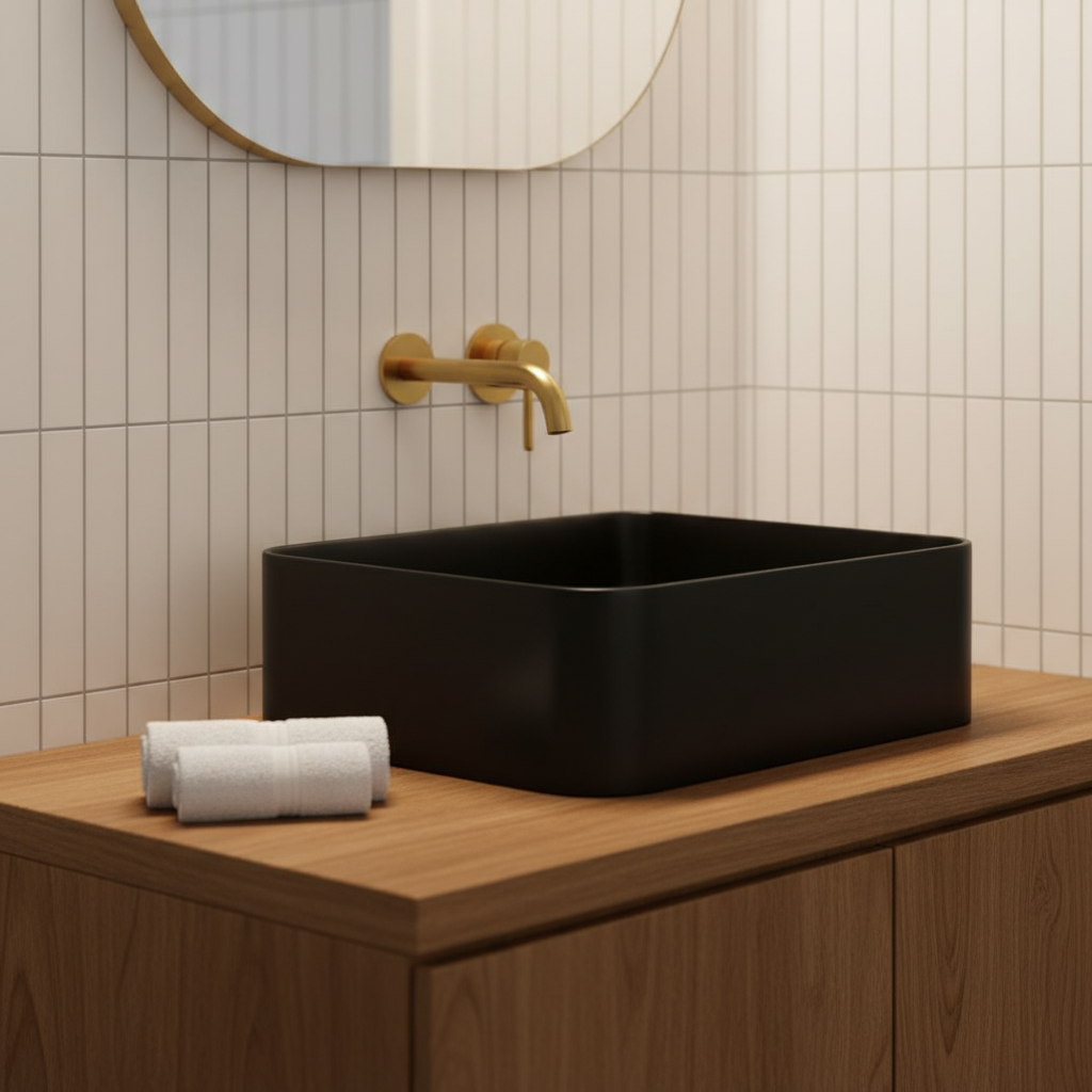 Elegancki detal nowoczesnej łazienki. Czarna, matowa umywalka nablatowa stoi na drewnianym blacie w ciepłym odcieniu. Za nią ściana z białych, pionowych płytek. Złota, minimalistyczna bateria ścienna dodaje luksusowego akcentu. Na blacie leży zwinięty w rulon biały ręcznik. Ujęcie w stylu lifestyle, z miękkim, ciepłym oświetleniem.