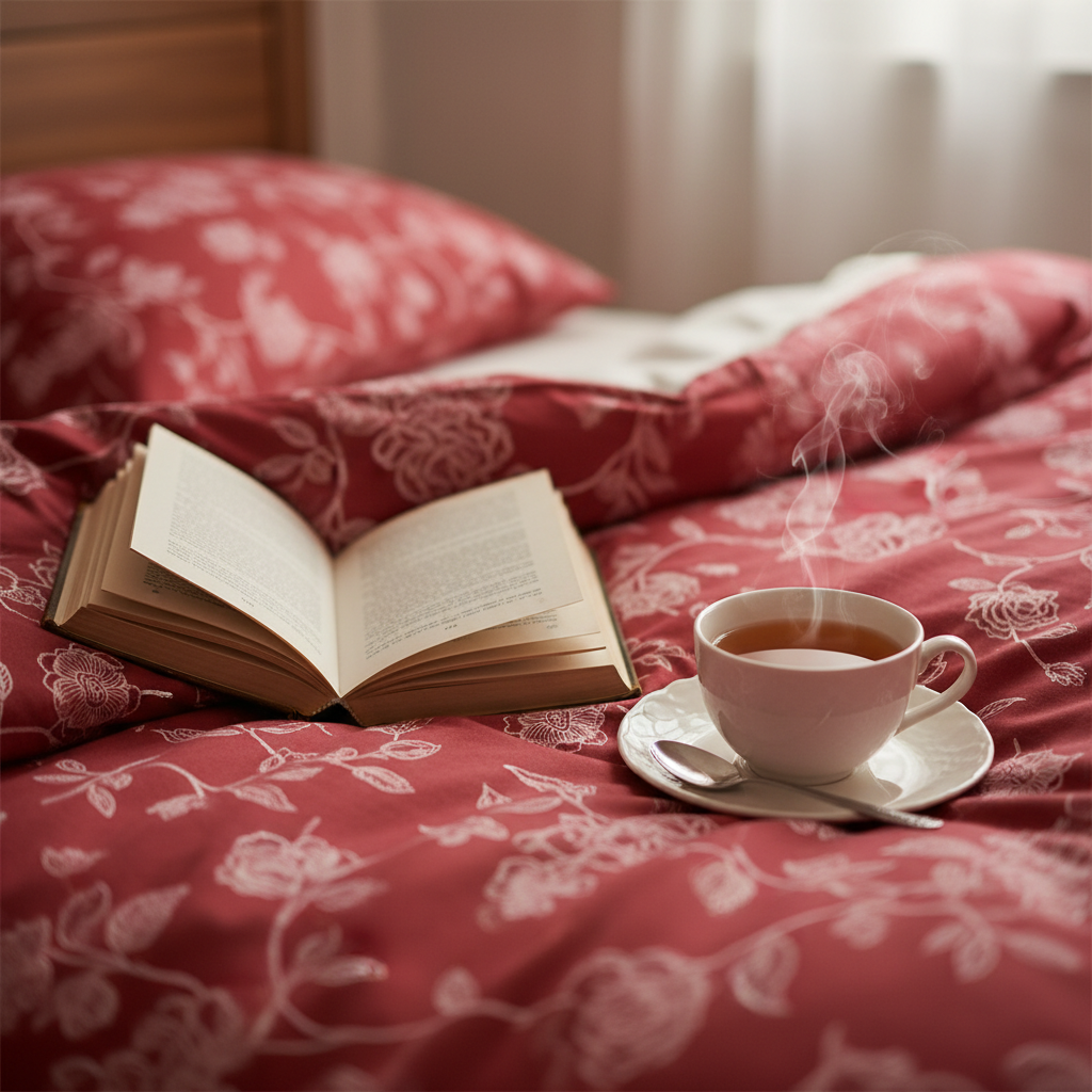 Zbliżenie na fragment łóżka przykrytego czerwoną pościelą z delikatnym, białym wzorem kwiatowym. Na pościeli leży otwarta książka i filiżanka herbaty. Kompozycja jest przytulna i romantyczna, a światło miękkie i rozproszone.