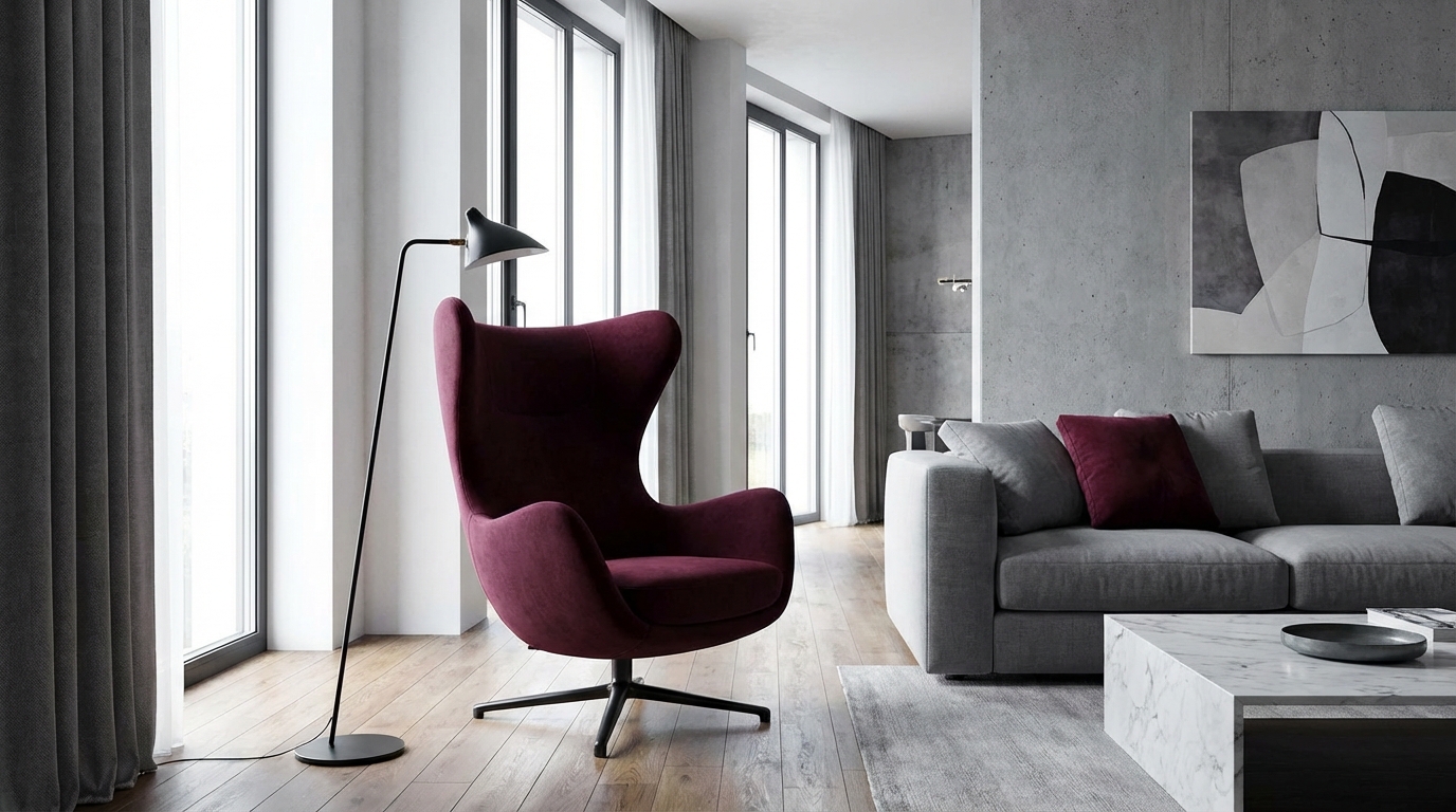 Elegancki, nowoczesny salon z dominującymi odcieniami szarości i bieli. Centralnym punktem pomieszczenia jest duży, wygodny fotel uszak w głębokim, burgundowym kolorze. Obok fotela stoi nowoczesna, czarna lampa podłogowa. Na szarej sofie leży kilka poduszek, z których jedna powtarza burgundowy odcień fotela. Aranżacja jest zrównoważona i pokazuje, jak jeden mocny akcent kolorystyczny może nadać wnętrzu charakteru i ciepła.