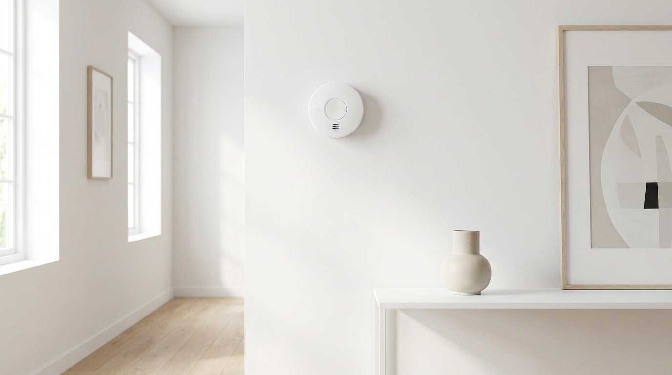 Nowoczesny, minimalistyczny korytarz w domu. Na białej ścianie, na wysokości wzroku, zamontowany jest estetyczny, biały czujnik tlenku węgla. Delikatne, naturalne światło pada na ścianę, podkreślając czystość i dbałość o detale. Obraz symbolizuje dyskretną, ale stałą ochronę.