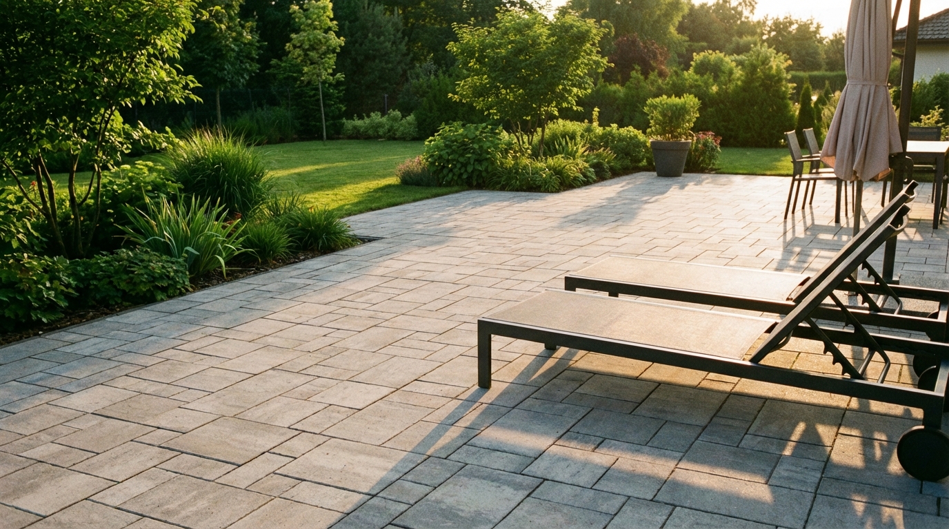 Szeroki kadr przedstawiający piękny, nowocześnie zaaranżowany taras z kostki brukowej, otoczony zadbanym, zielonym ogrodem. Kostka jest idealnie czysta, bez śladu mchu czy chwastów. Na tarasie stoją eleganckie meble ogrodowe, zapraszając do odpoczynku. Zdjęcie wykonane w ciepłym świetle późnego popołudnia, podkreślające estetykę i czystość przestrzeni.