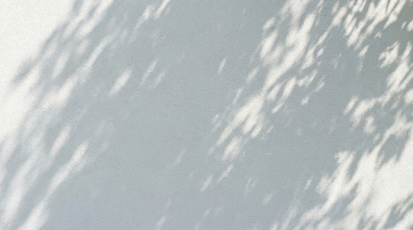 Nieskazitelnie czysta, jasnoszara ściana domu z widoczną delikatną fakturą tynku. Na ścianę pada cień od liści pobliskiego drzewa, co sugeruje bliskość natury, ale sama elewacja pozostaje idealnie czysta, bez śladu zielonych nalotów, co podkreśla jej właściwości ochronne.