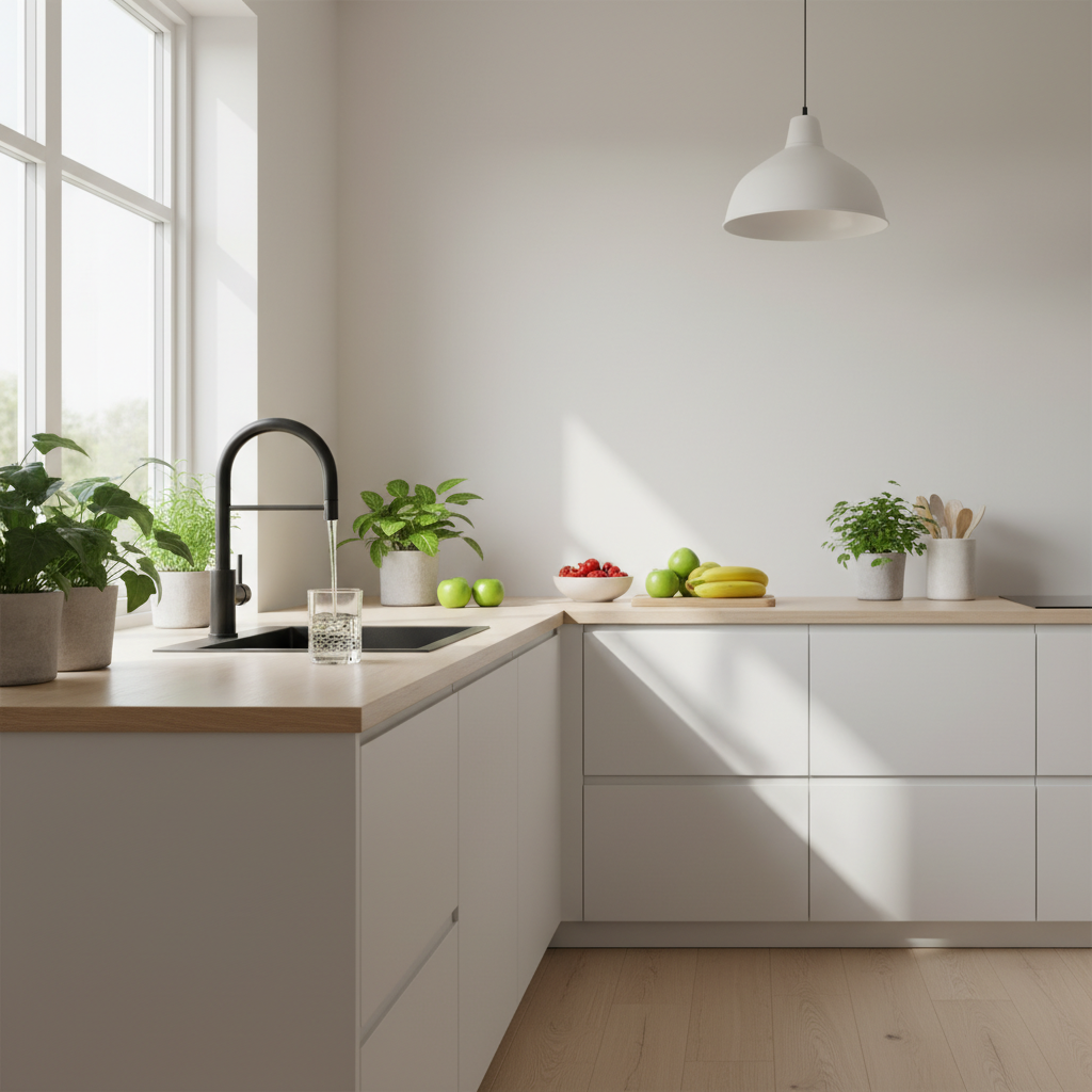 Nowoczesna, jasna kuchnia w stylu skandynawskim. Promień słońca wpada przez okno, oświetlając elegancką baterię kuchenną, z której do szklanki nalewana jest krystalicznie czysta woda. W tle widać świeże owoce i zielone rośliny, co podkreśla atmosferę zdrowia i naturalności.