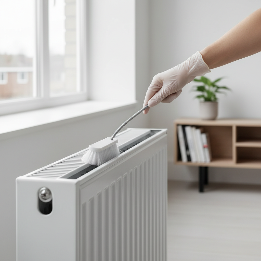 Zbliżenie na dłonie osoby, która starannie czyści nowoczesny, biały grzejnik panelowy za pomocą długiej, elastycznej szczotki. W tle widać jasne, estetyczne wnętrze pokoju. Zdjęcie jest czyste, dobrze oświetlone i podkreśla dbałość o szczegóły w domu.