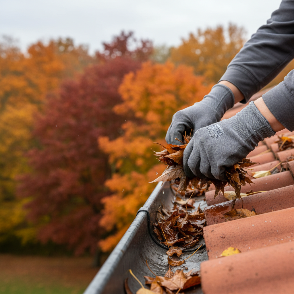 Zbliżenie na dłonie w rękawicach roboczych, które starannie usuwają garść mokrych, jesiennych liści z rynny. W tle widać fragment dachu z dachówkami ceramicznymi i jesienne drzewa. Kadr jest dynamiczny i skupiony na czynności, podkreślając wagę tego zadania.