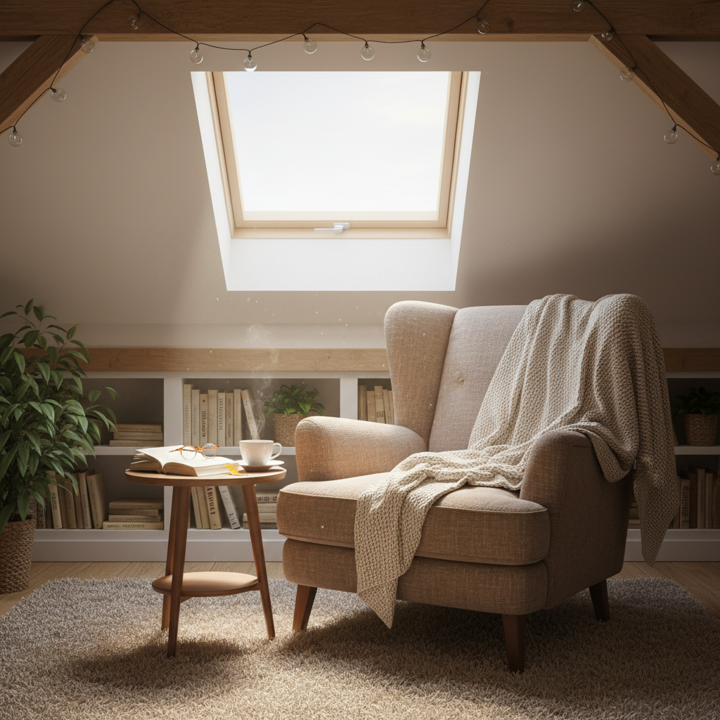 Przytulny kącik do czytania w salonie na poddaszu, bezpośrednio pod oknem dachowym. Wygodny fotel z miękkim kocem, obok mały stolik z książką i filiżanką kawy. Przez okno wpada łagodne, dzienne światło, tworząc idealne warunki do relaksu.