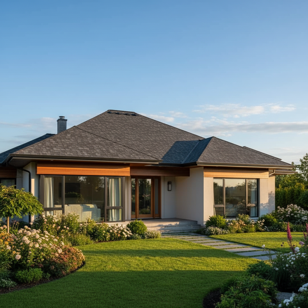 Piękny, nowoczesny dom jednorodzinny z dachem pokrytym estetycznymi, szarymi gontami bitumicznymi. Ciepłe, poranne słońce oświetla dom, podkreślając teksturę dachu i jego dopasowanie do otoczenia. W tle widać zadbany ogród i błękitne niebo.