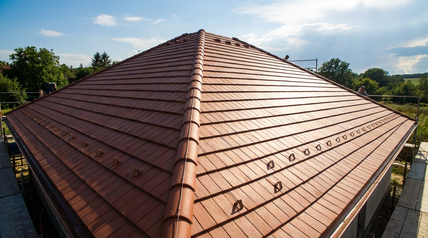 Szeroki kadr ukazujący piękny, nowo budowany dach domu jednorodzinnego, pokryty elegancką dachówką ceramiczną. Słońce oświetla połać, a w tle widać fragment błękitnego nieba. Kadr subtelnie obejmuje widoczną kalenicę oraz linię okapu, co wizualnie nawiązuje do kluczowych elementów wentylacji.