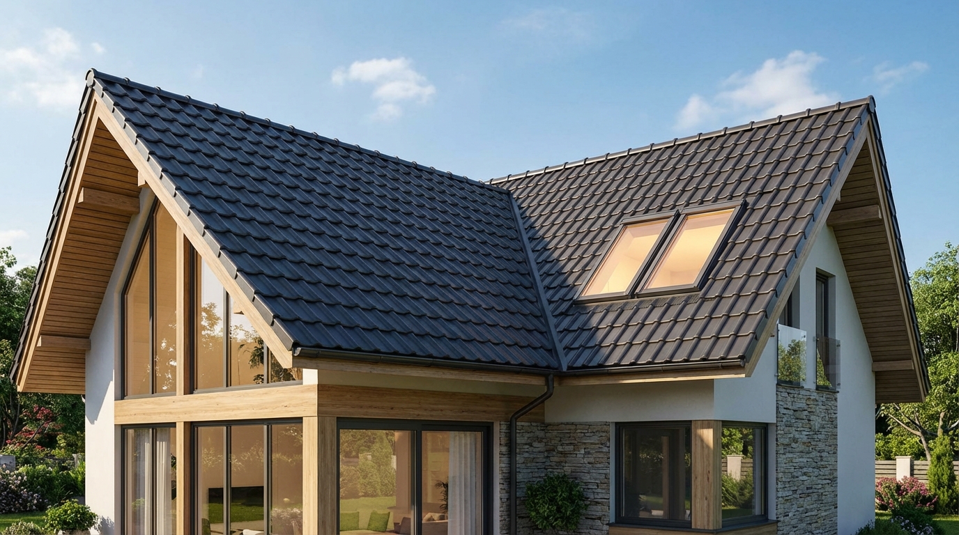 Fotorealistyczne ujęcie nowoczesnego domu jednorodzinnego z dachem pokrytym elegancką, antracytową dachówką ceramiczną. Słońce delikatnie oświetla dach, podkreślając jego fakturę i kształt. W tle widać błękitne niebo z kilkoma chmurami. Z jednego z dużych okien dachowych na poddaszu widać ciepłe, przytulne światło, sugerujące komfortowe wnętrze.