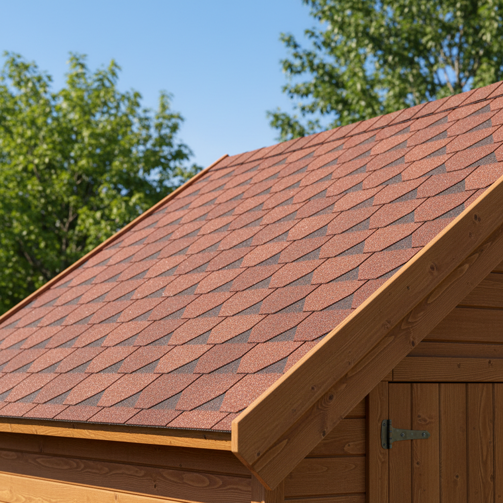Zbliżenie na spadzisty dach drewnianego schowka narzędziowego, pokryty estetycznym, czerwonym gontem. W tle widać fragment błękitnego nieba i zielone korony drzew, co tworzy ciepłą i przytulną atmosferę.